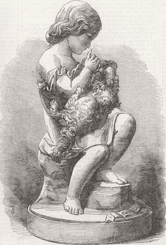 CHILDREN. Go to sleep! marble statue Dog 1862 old antique print picture